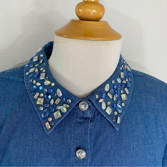New Vintage Quaker Factory Jeanne Bice Chambray Jewel Button Down Shirt Size 1X - Picture 6 of 16